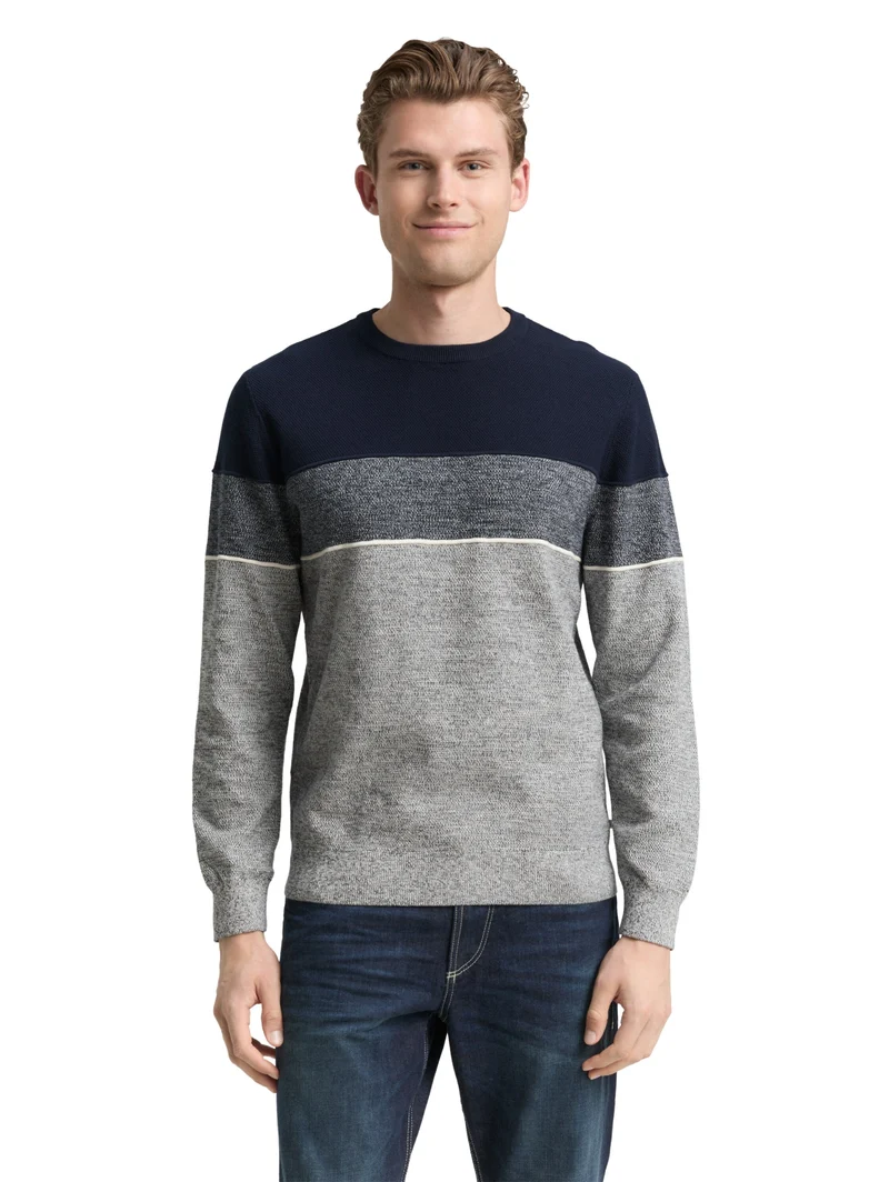 knit stripe crew neck pullover, navy offwhite white stripe