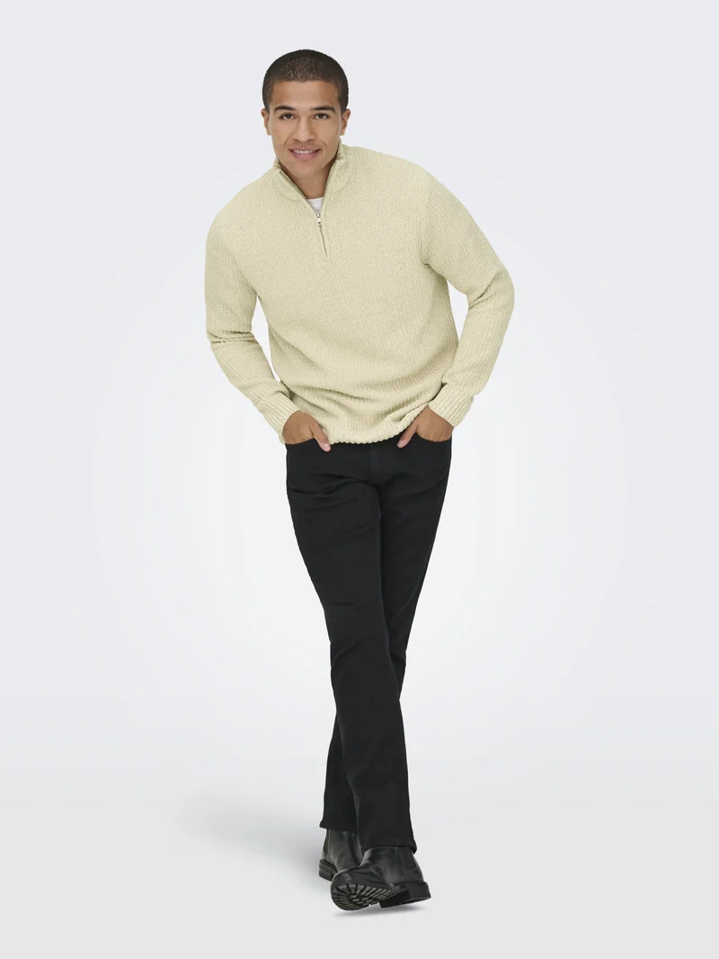 ONSJOIN REG LS HIGH NECK KNIT CAMP, Egret/MOONSTRUCK