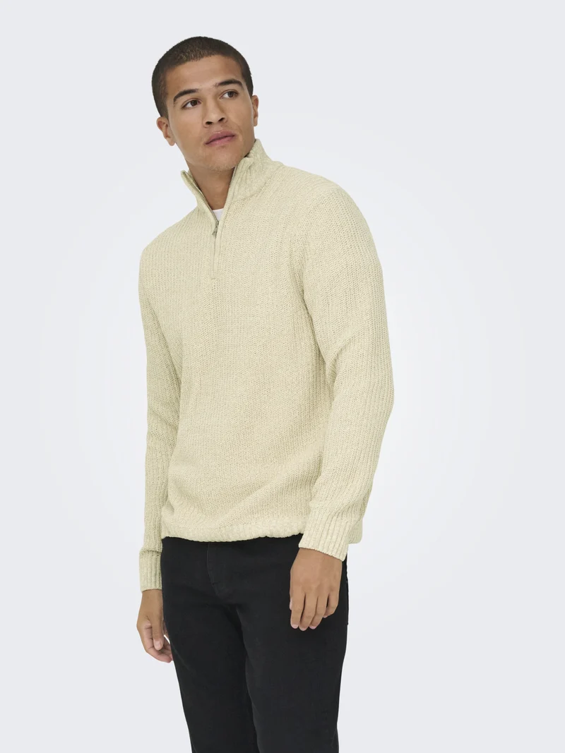 ONSJOIN REG LS HIGH NECK KNIT CAMP, Egret/MOONSTRUCK