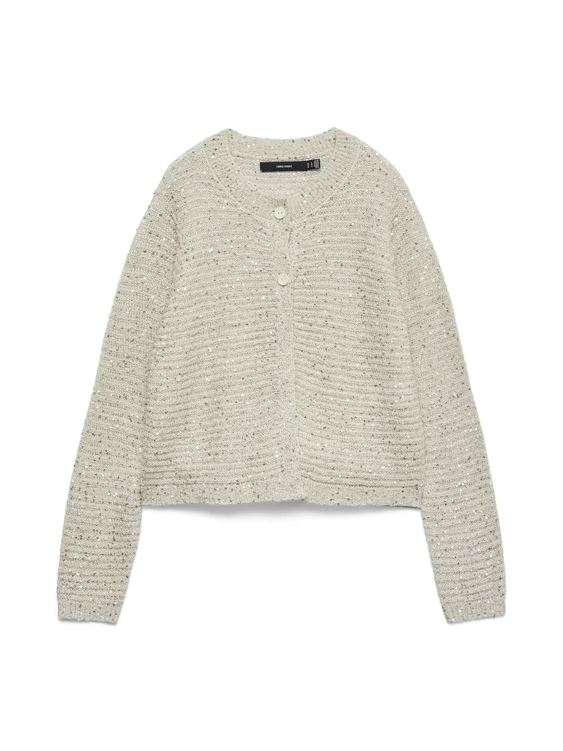VMLEILANI STITCH LS O-NECK CARDIGAN, Pumice Stone/W. SILVER SEQ