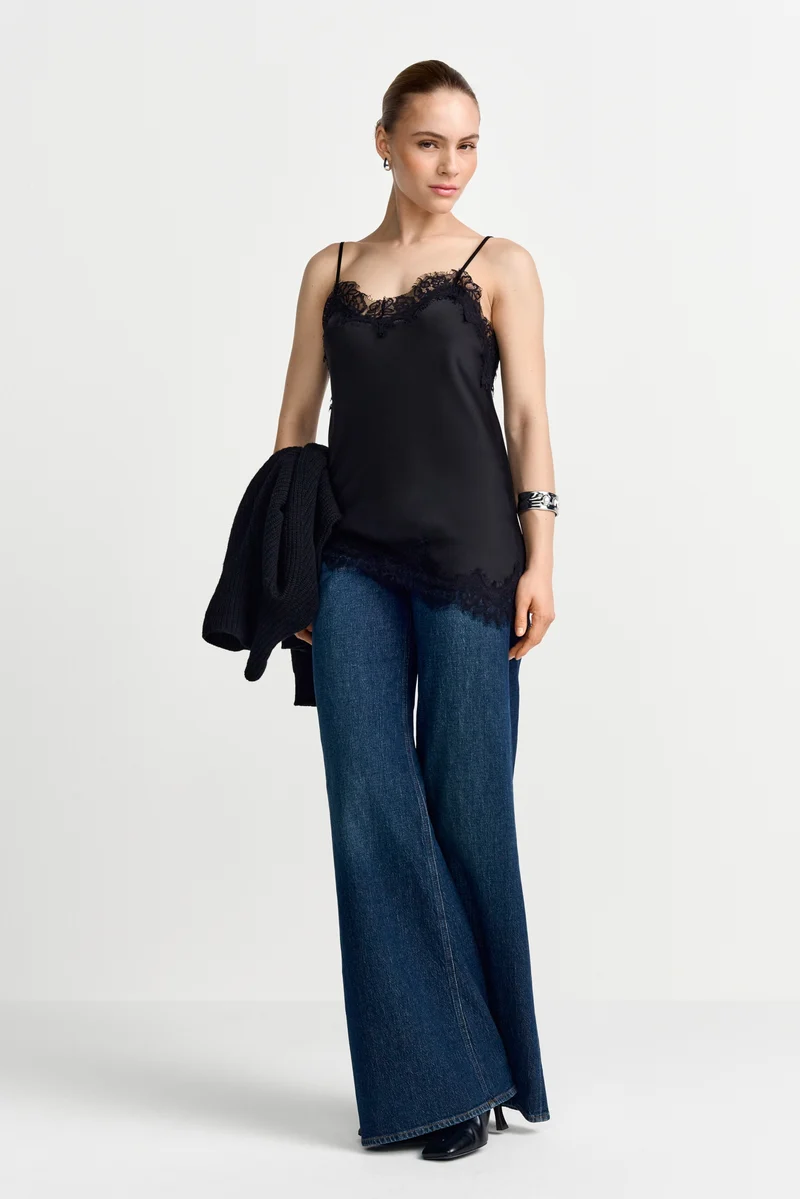 Satin top with lace, black