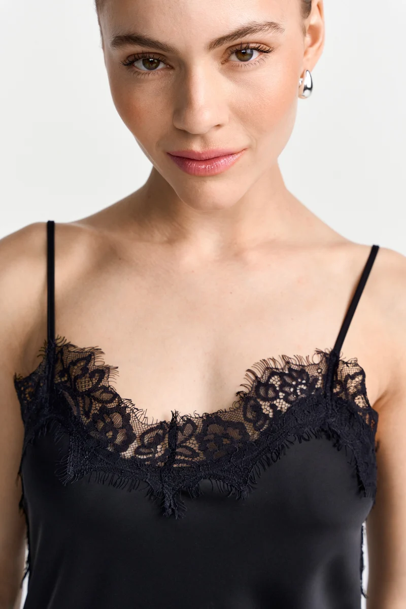 Satin top with lace, black