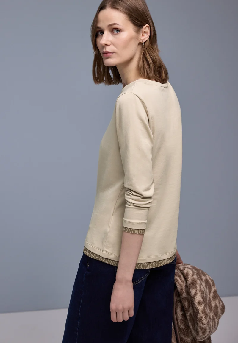 shirt w.printed mesh cuffs, cotton beige
