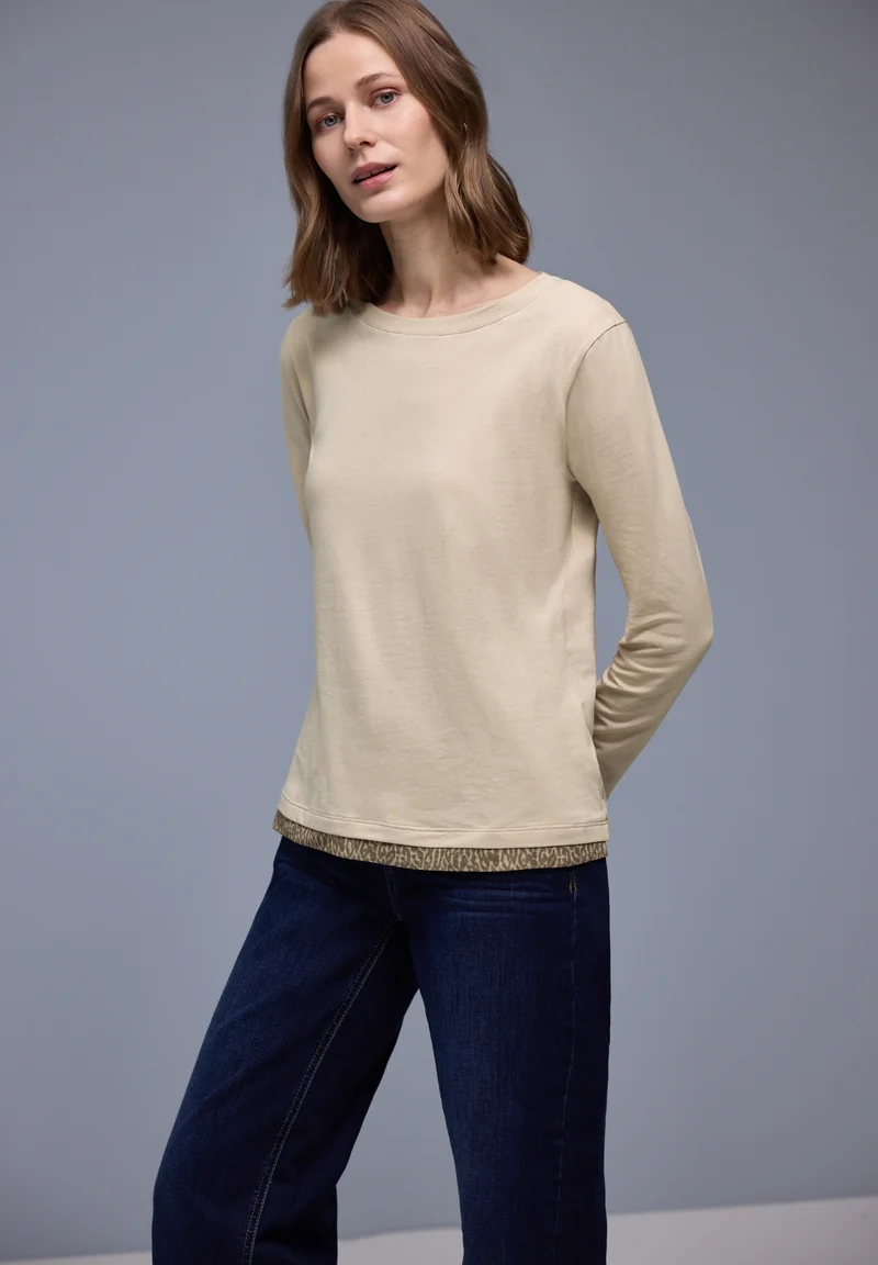 shirt w.printed mesh cuffs, cotton beige