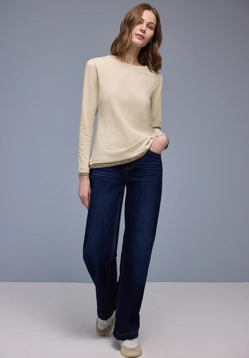 shirt w.printed mesh cuffs, cotton beige