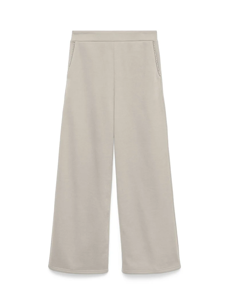 VMDAISY PEARL SWEAT HW WIDE PANT JR, Pumice Stone/W. PEARLS ON POCKET