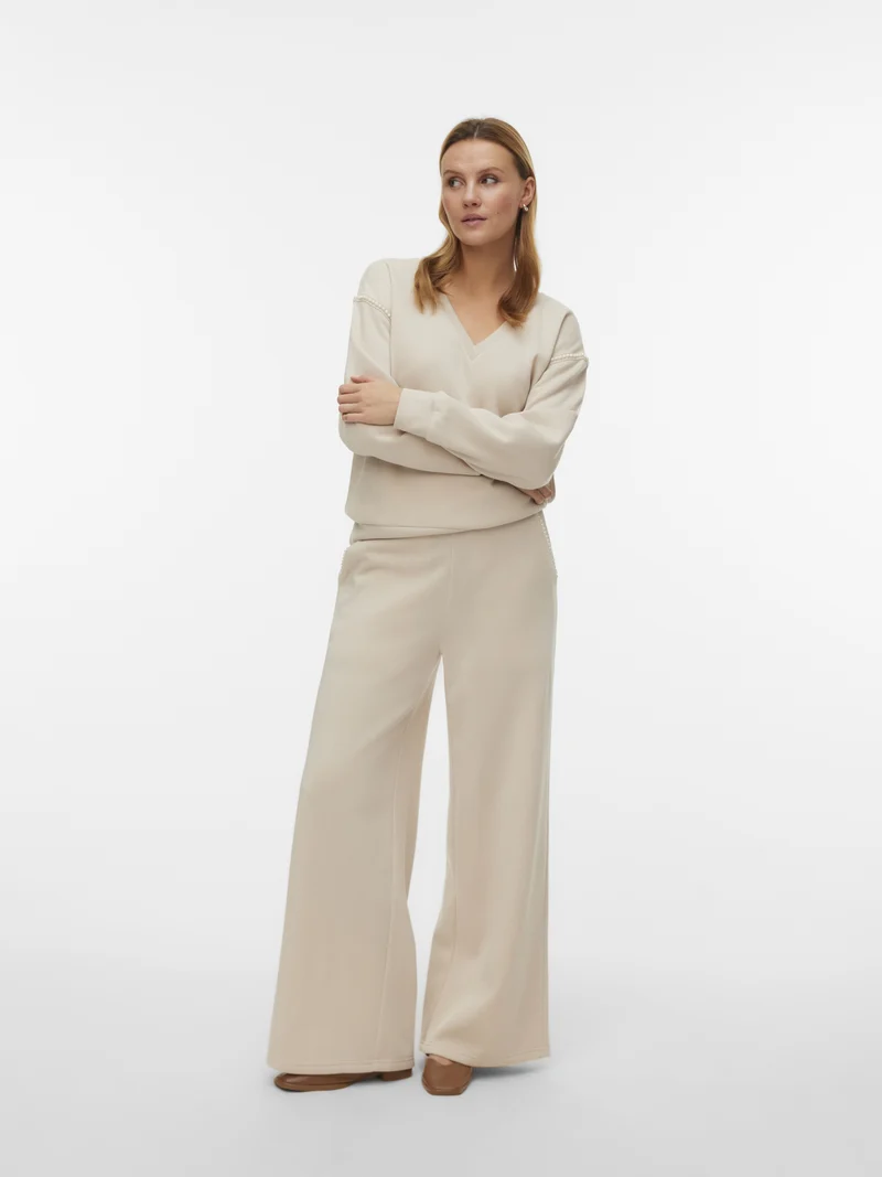 VMDAISY PEARL SWEAT HW WIDE PANT JR, Pumice Stone/W. PEARLS ON POCKET