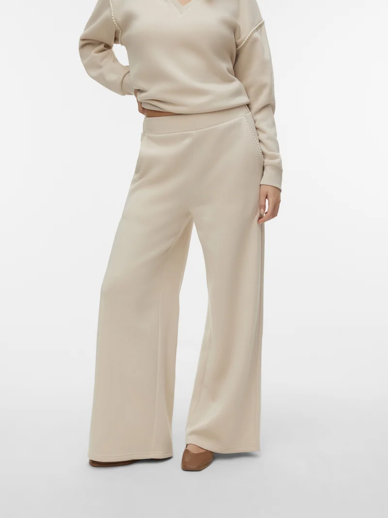 VMDAISY PEARL SWEAT HW WIDE PANT JR, Pumice Stone/W. PEARLS ON POCKET