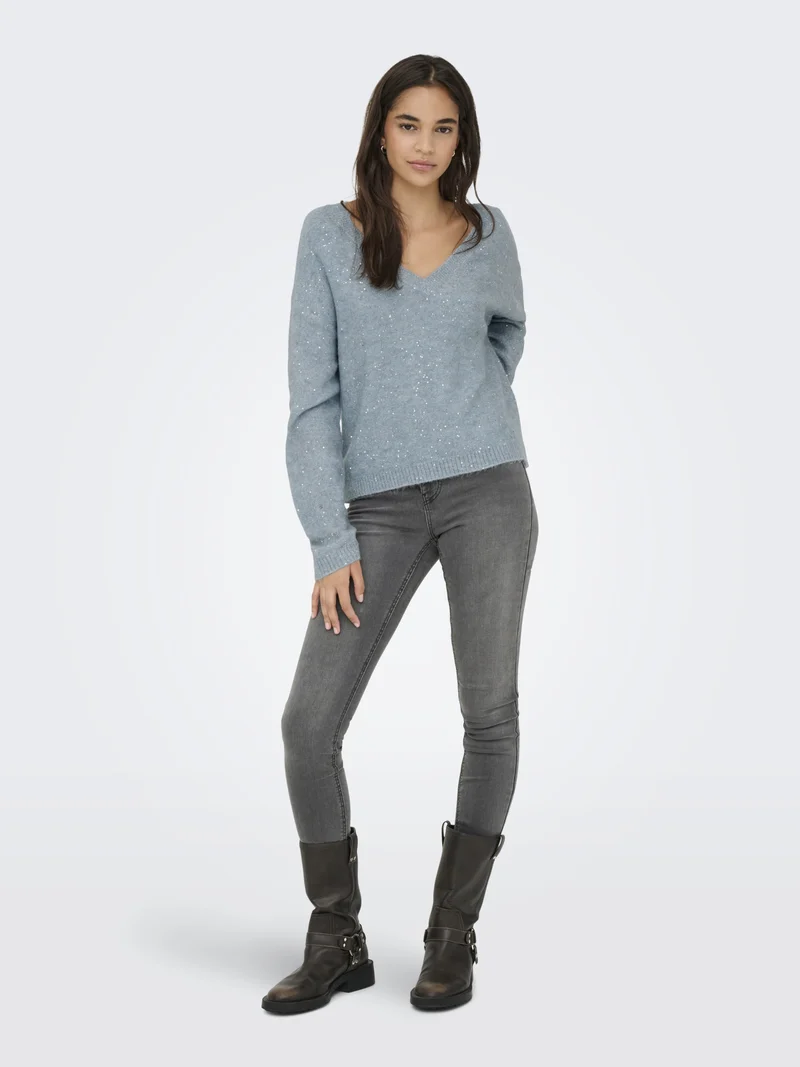 ONLARIZONA LS SEQUINS V-NECK PUL KN, Arona/Melange/Silver Sequins