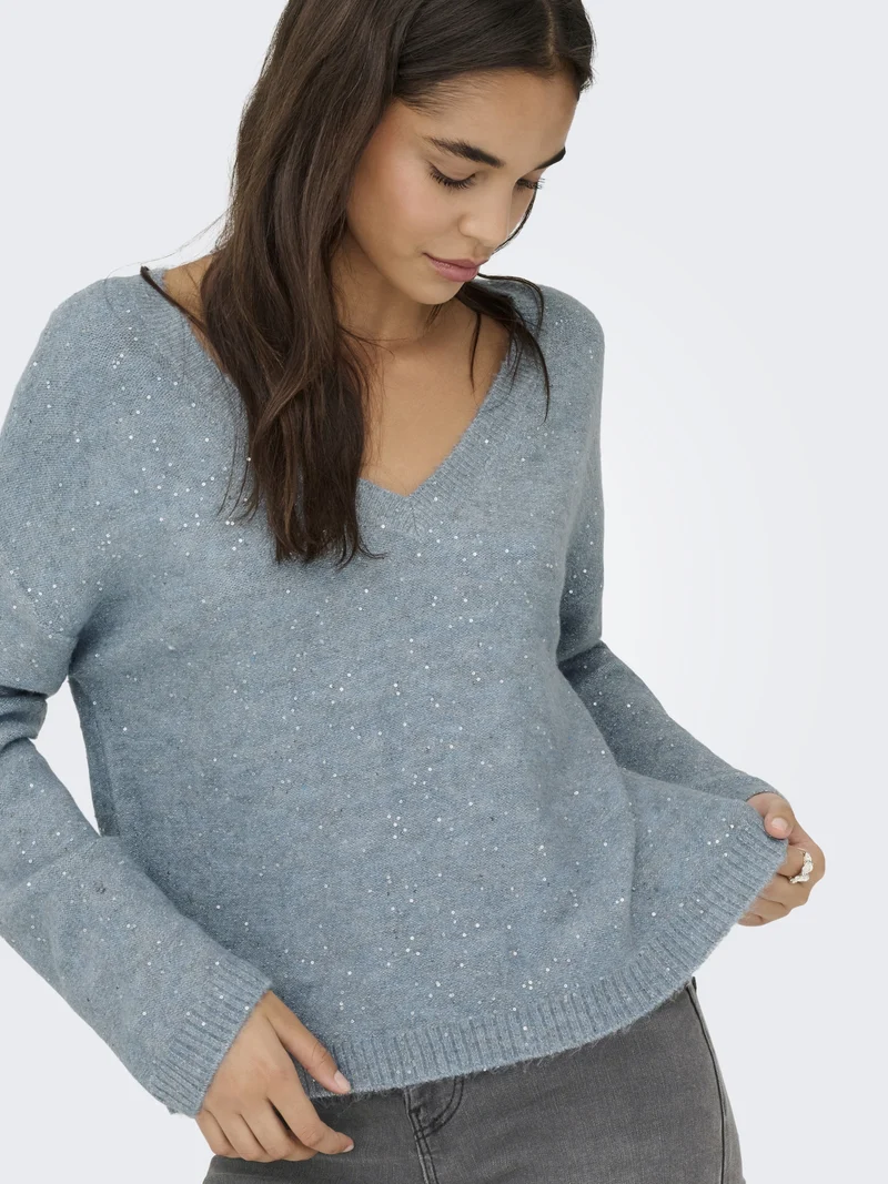 ONLARIZONA LS SEQUINS V-NECK PUL KN, Arona/Melange/Silver Sequins