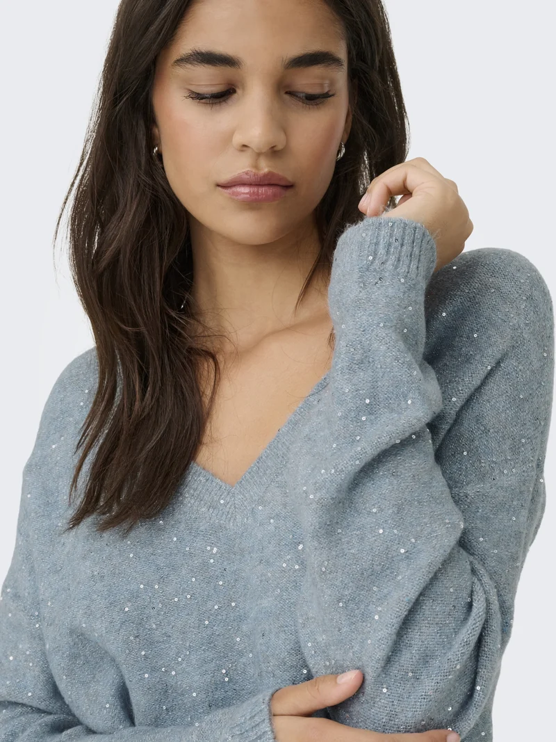 ONLARIZONA LS SEQUINS V-NECK PUL KN, Arona/Melange/Silver Sequins