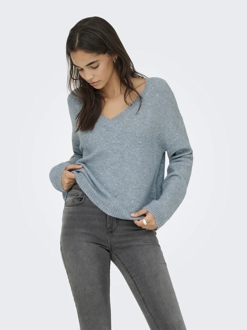 ONLARIZONA LS SEQUINS V-NECK PUL KN, Arona/Melange/Silver Sequins