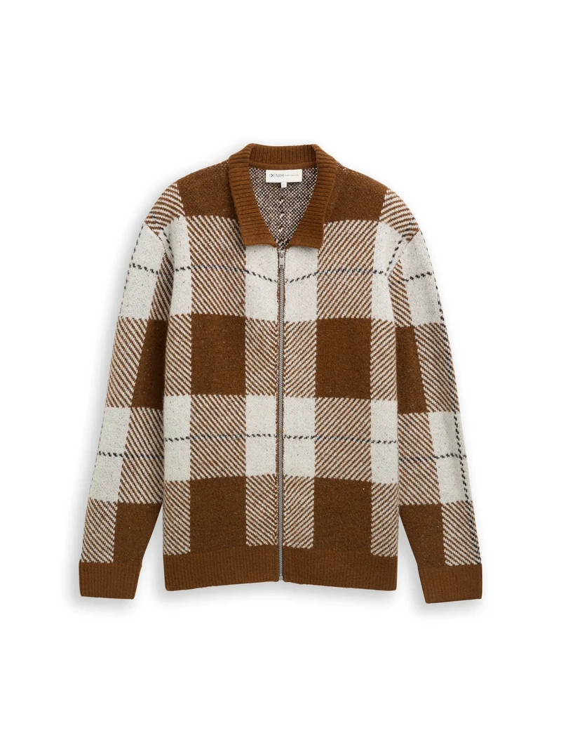 cosy check knitted jacket, brown offwhite big check