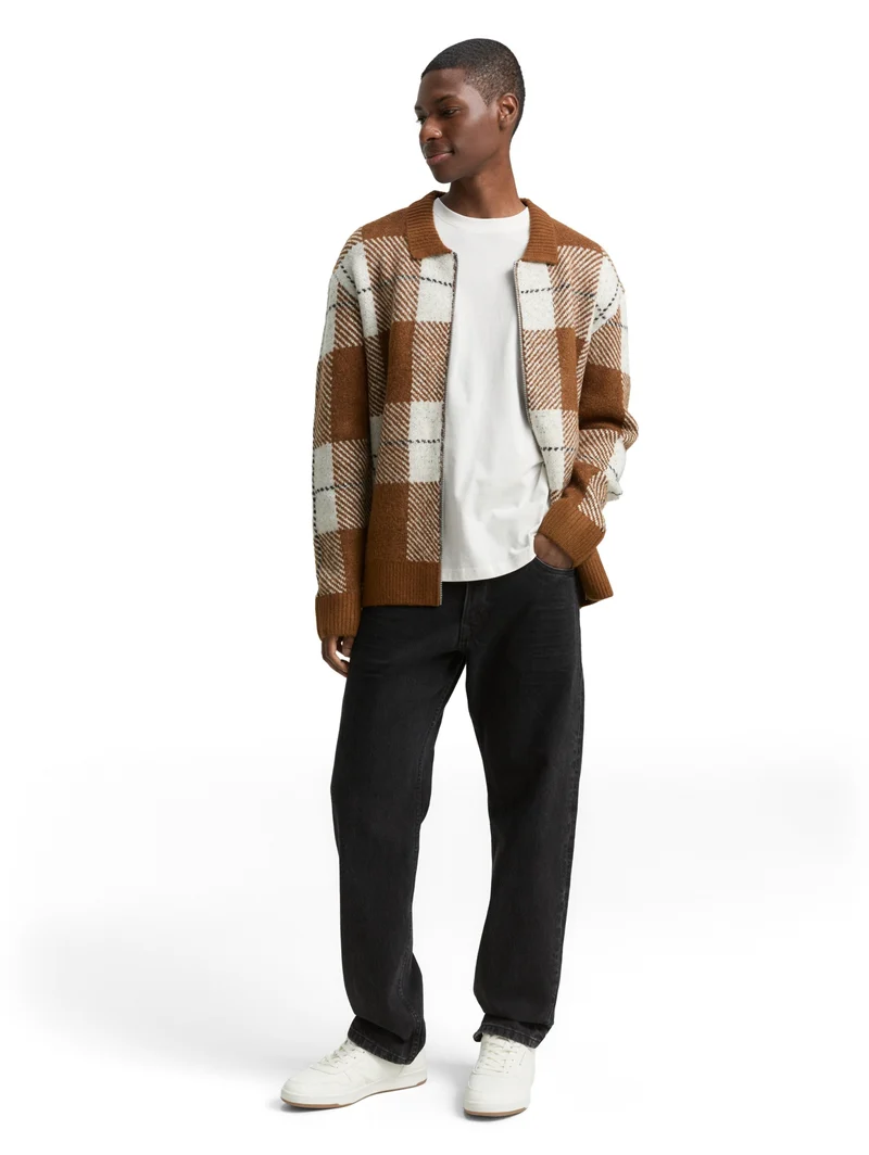 cosy check knitted jacket, brown offwhite big check