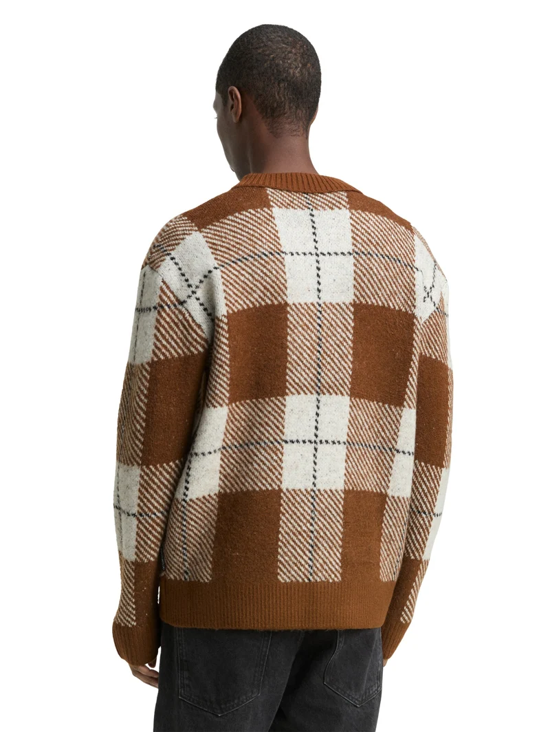 cosy check knitted jacket, brown offwhite big check