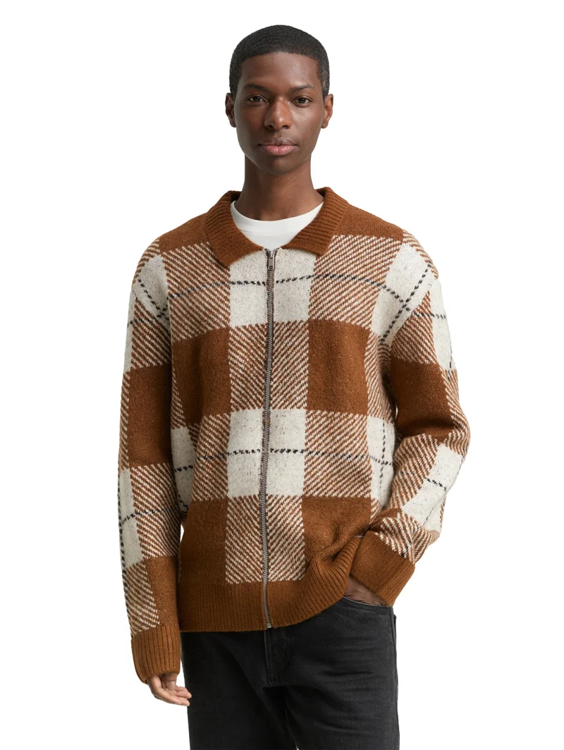 cosy check knitted jacket, brown offwhite big check