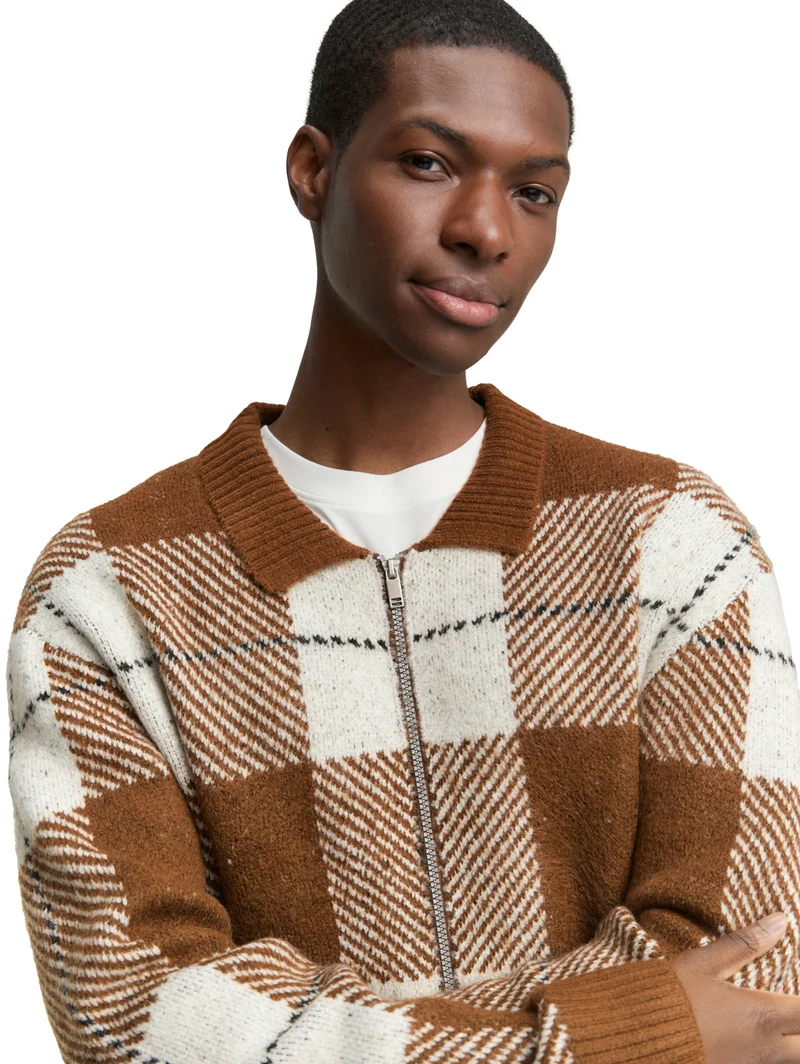 cosy check knitted jacket, brown offwhite big check