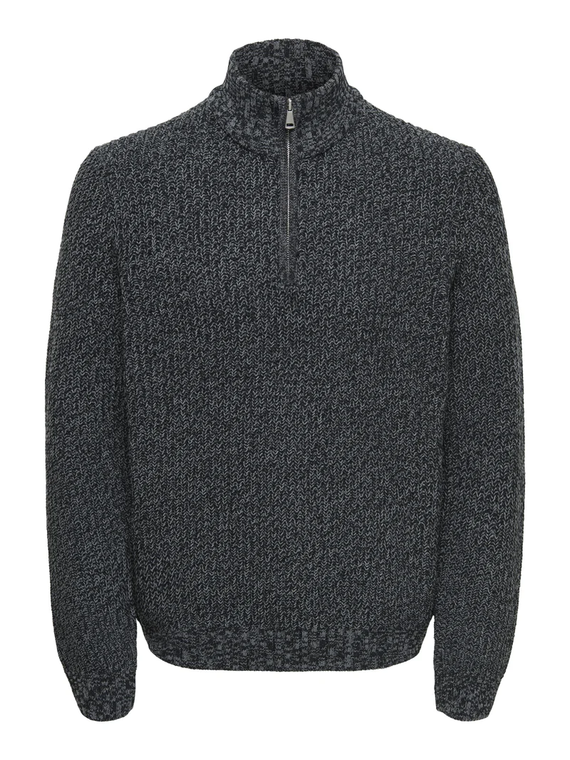 ONSJOIN REG LS HIGH NECK KNIT CAMP, Black/GREY PINSTRIPE