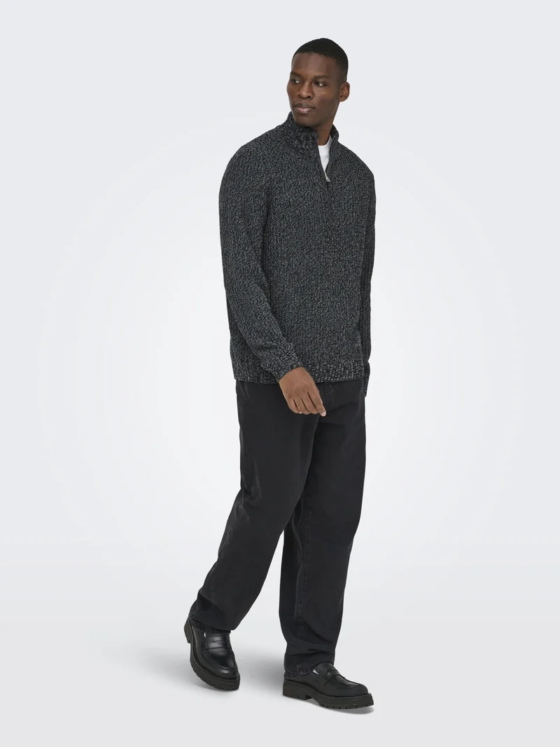 ONSJOIN REG LS HIGH NECK KNIT CAMP, Black/GREY PINSTRIPE