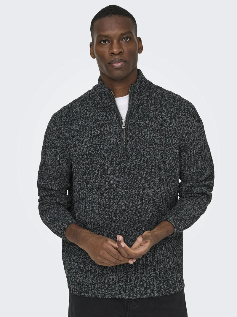 ONSJOIN REG LS HIGH NECK KNIT CAMP, Black/GREY PINSTRIPE
