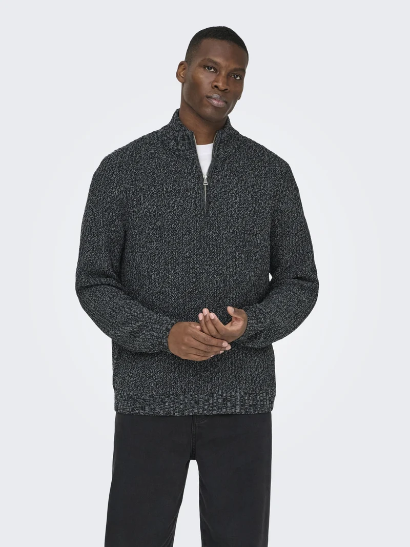 ONSJOIN REG LS HIGH NECK KNIT CAMP, Black/GREY PINSTRIPE