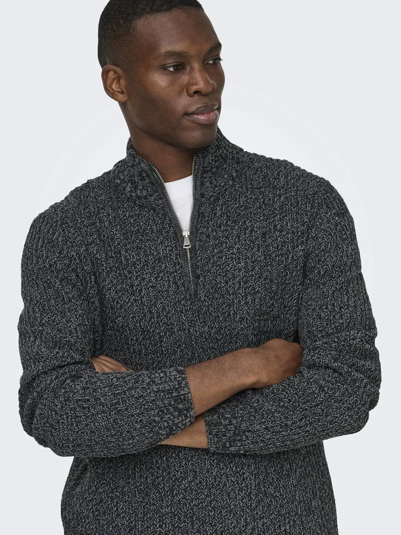ONSJOIN REG LS HIGH NECK KNIT CAMP, Black/GREY PINSTRIPE