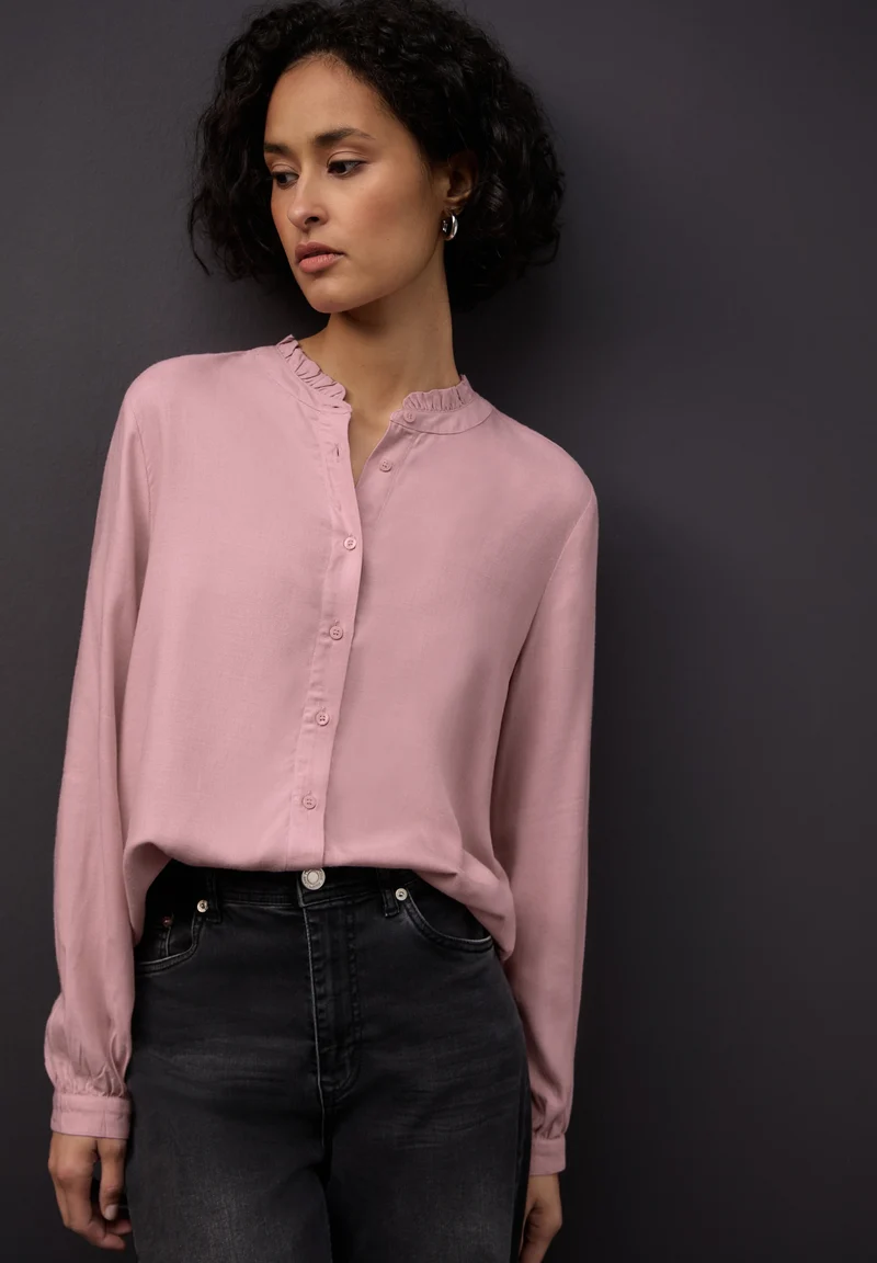 Buttoned melange blouse w fril, powder pink mel.