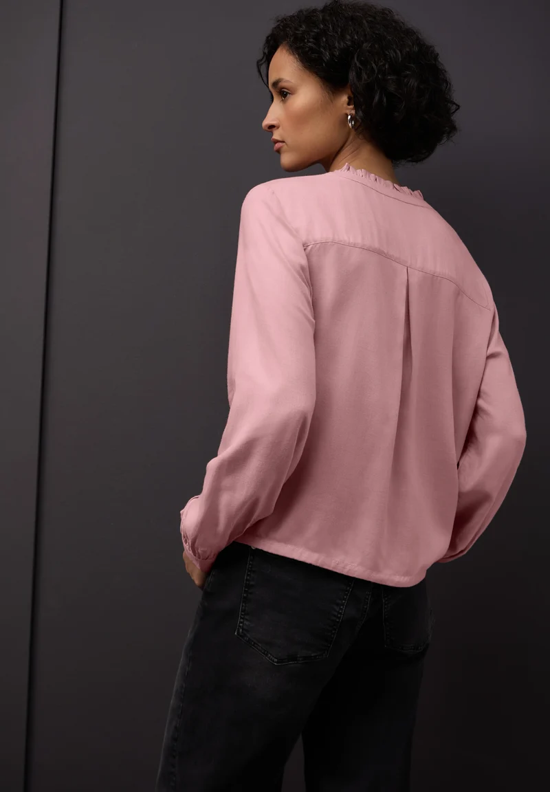 Buttoned melange blouse w fril, powder pink mel.