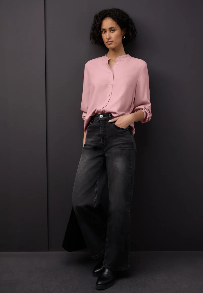 Buttoned melange blouse w fril, powder pink mel.