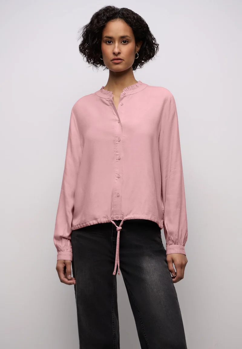 Buttoned melange blouse w fril, powder pink mel.