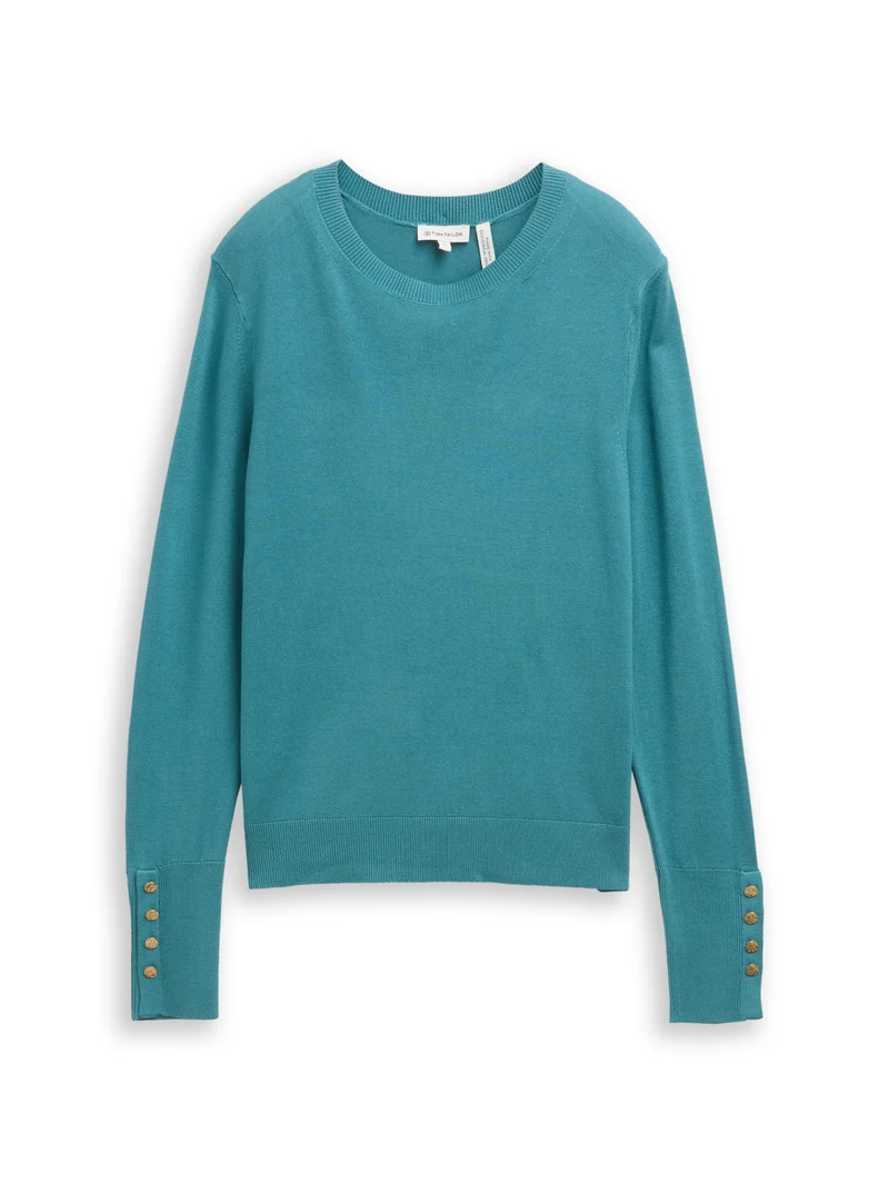 knit crew-neck with button det, tropical teal
