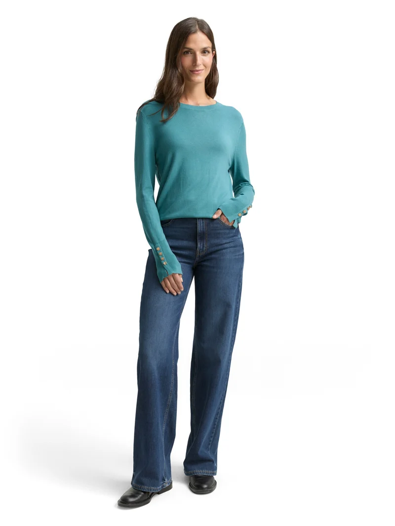 knit crew-neck with button det, tropical teal