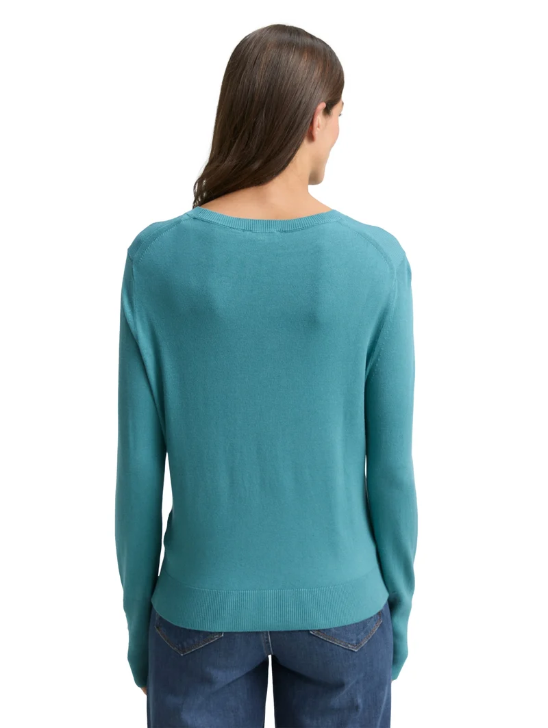 knit crew-neck with button det, tropical teal