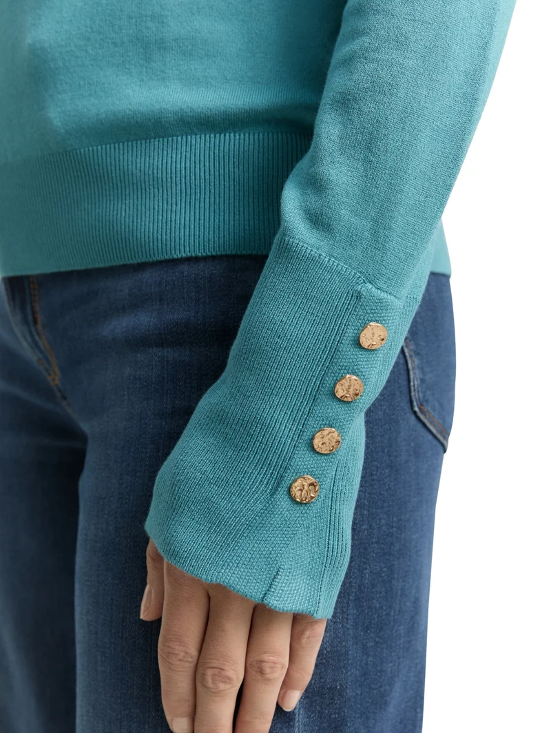 knit crew-neck with button det, tropical teal