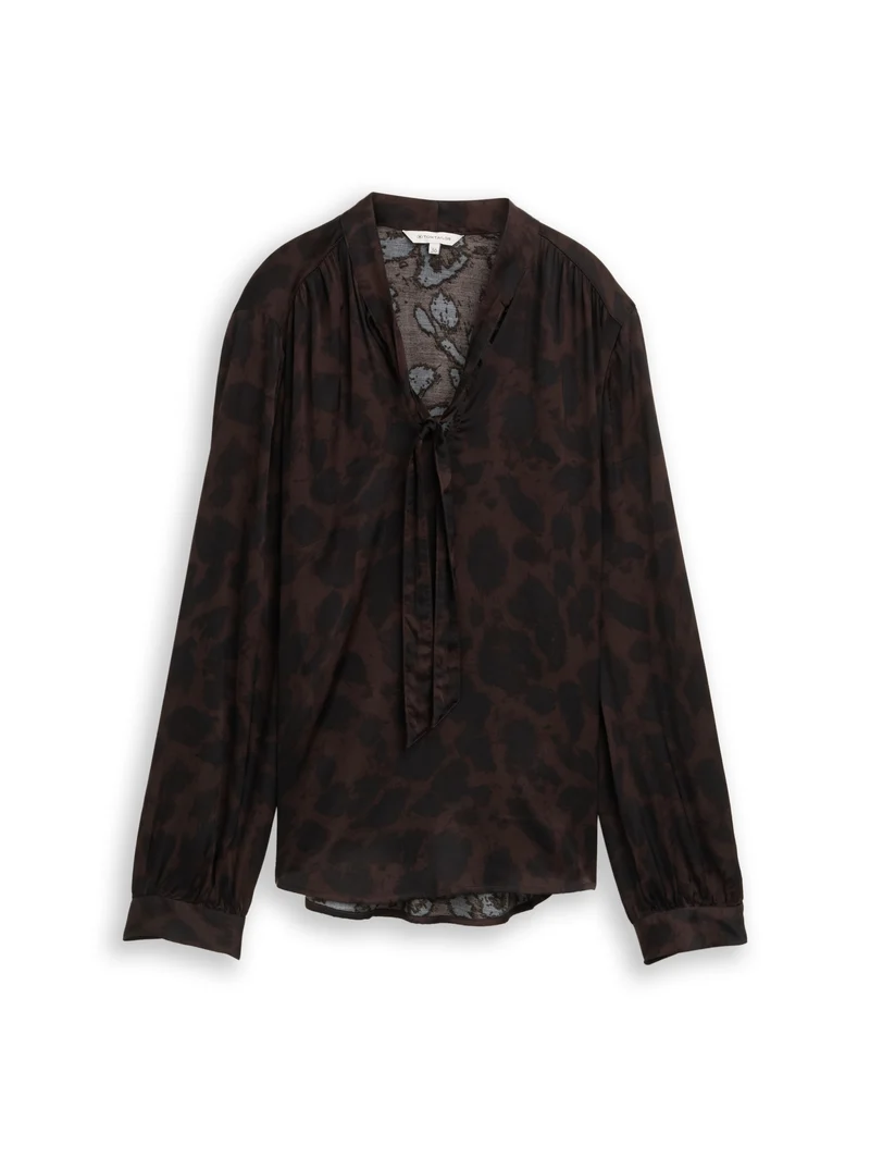 blouse with bow-tie collar, brown black big leo print