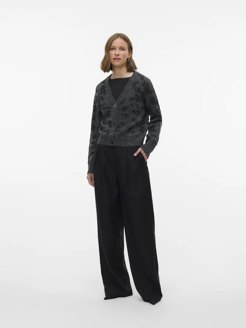 VMZUZU LS V-NECK CARDIGAN, Dark Grey Melange/W. BLACK + SEQUIN