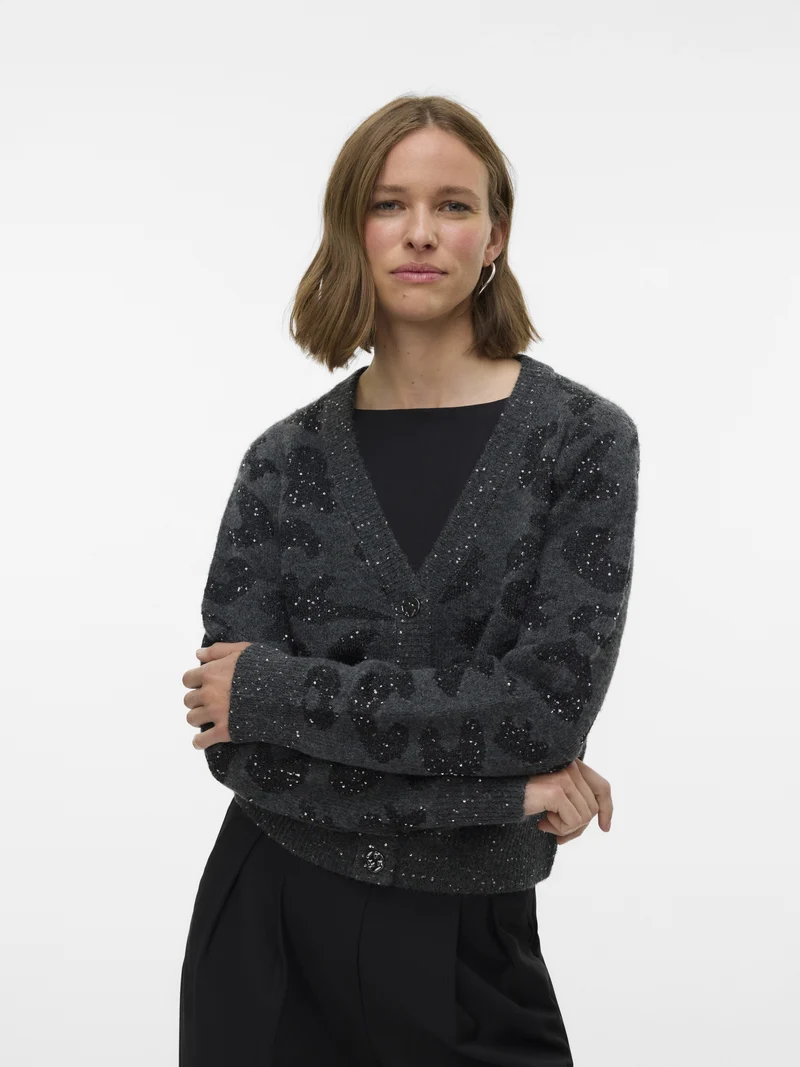 VMZUZU LS V-NECK CARDIGAN, Dark Grey Melange/W. BLACK + SEQUIN