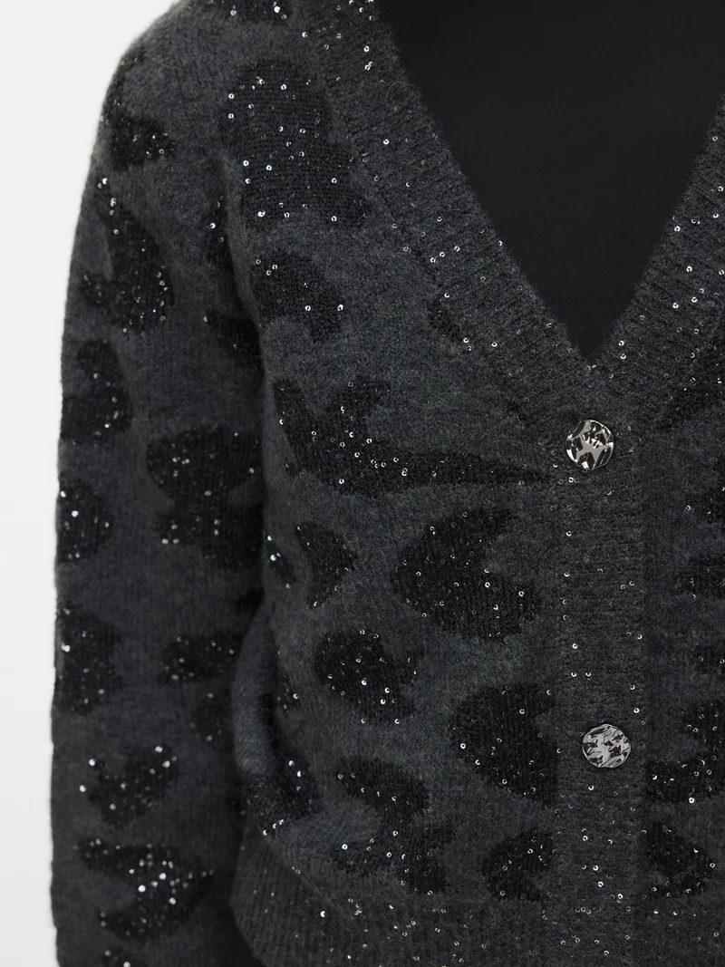 VMZUZU LS V-NECK CARDIGAN, Dark Grey Melange/W. BLACK + SEQUIN