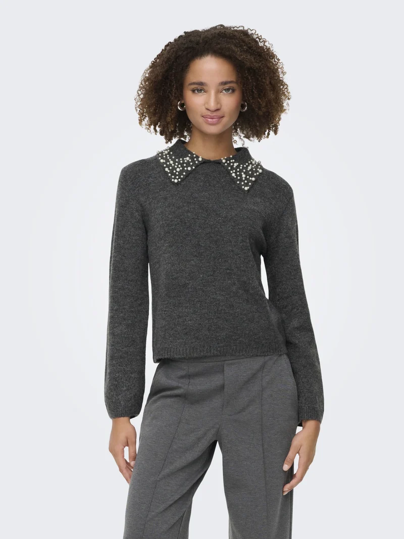JDYAUBRAY LIFE L/S PEARL COLLAR PUL, Dark Grey Melange/WHITE PEARLS