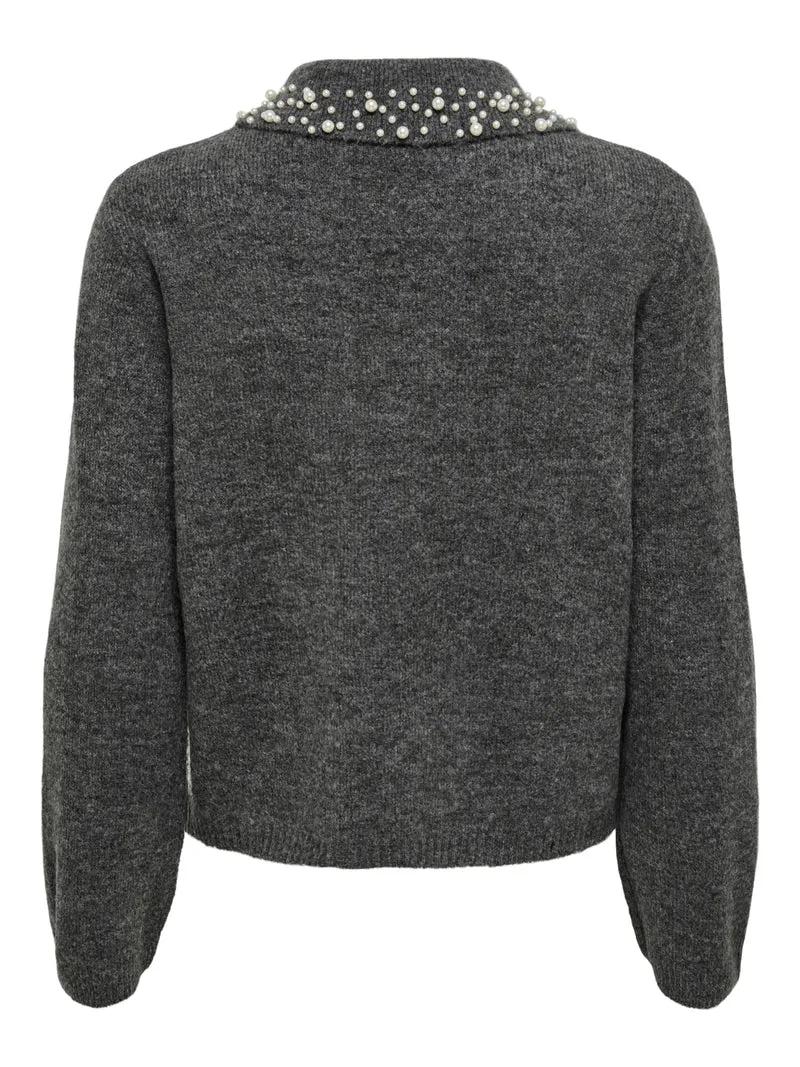 JDYAUBRAY LIFE L/S PEARL COLLAR PUL, Dark Grey Melange/WHITE PEARLS