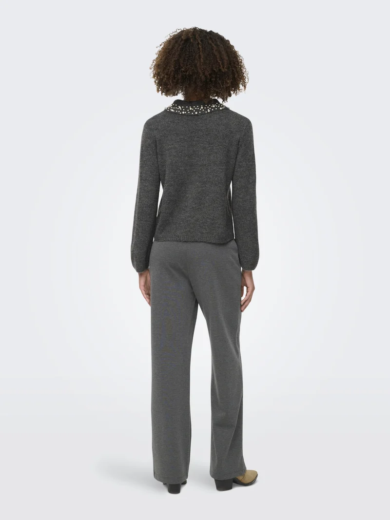 JDYAUBRAY LIFE L/S PEARL COLLAR PUL, Dark Grey Melange/WHITE PEARLS