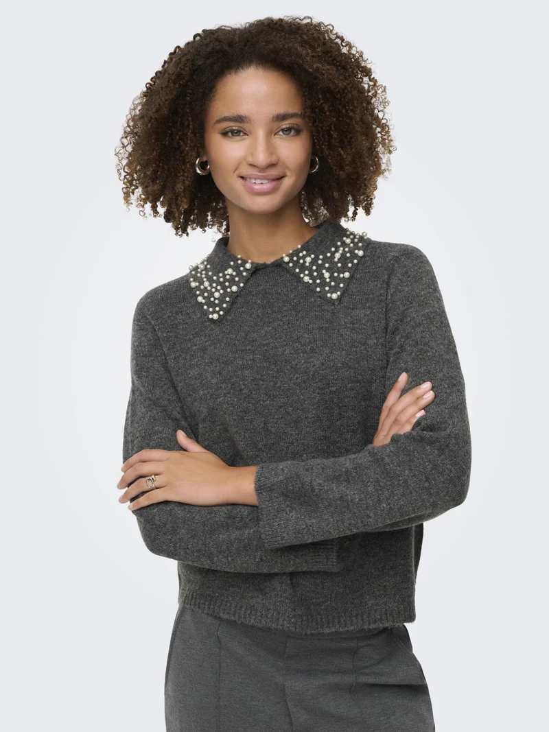 JDYAUBRAY LIFE L/S PEARL COLLAR PUL, Dark Grey Melange/WHITE PEARLS