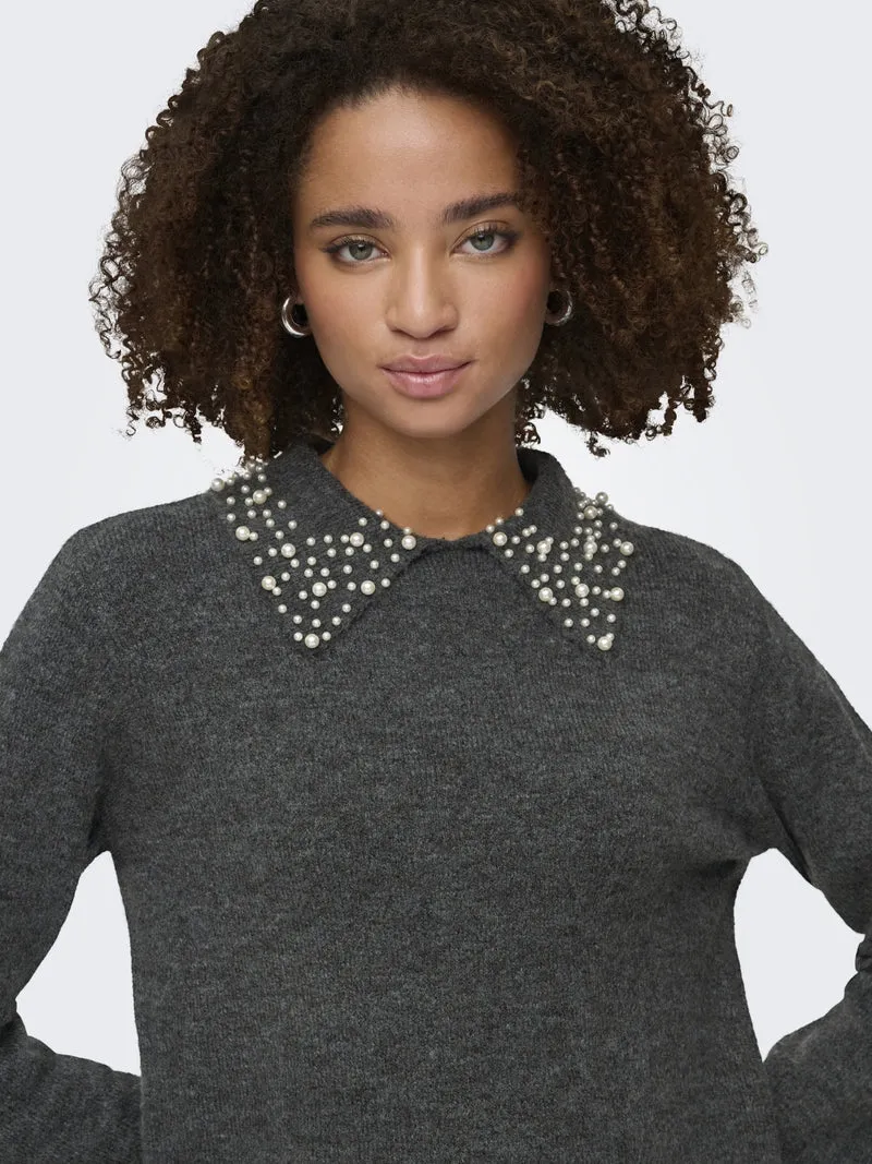 JDYAUBRAY LIFE L/S PEARL COLLAR PUL, Dark Grey Melange/WHITE PEARLS
