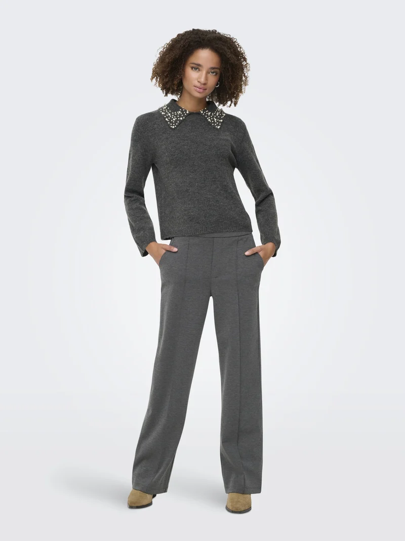 JDYAUBRAY LIFE L/S PEARL COLLAR PUL, Dark Grey Melange/WHITE PEARLS