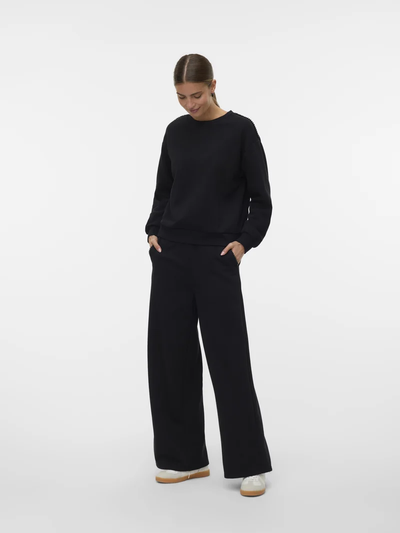 VMDAISY PEARL SWEAT HW WIDE PANT JR, Black/W. PEARLS ON POCKET