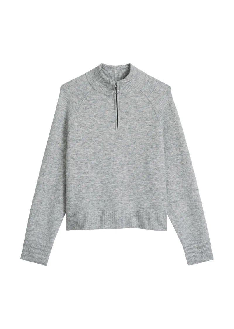 Knit Troyer, Longsleeve, Zipper, Stone Melange
