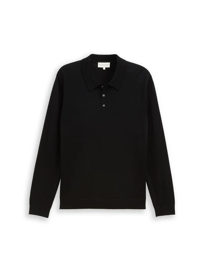 merino wool knit polo, Black