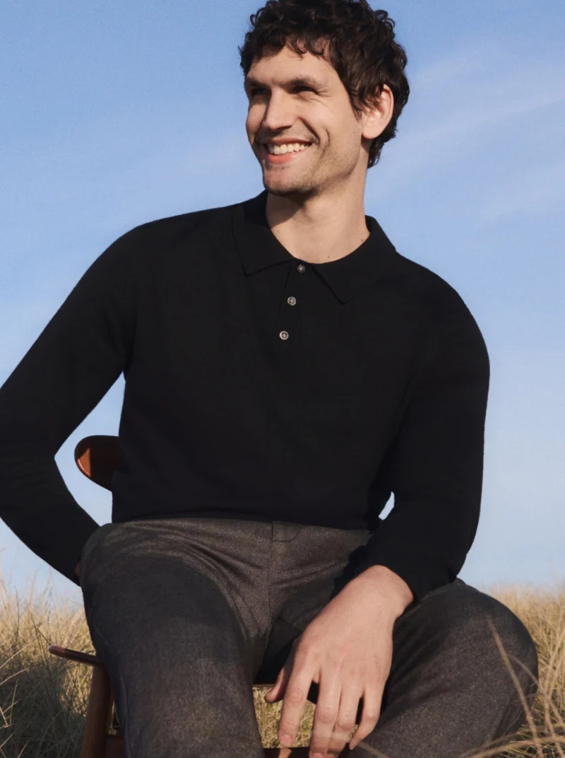 merino wool knit polo, Black