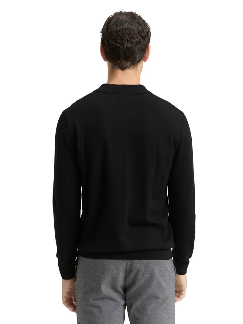 merino wool knit polo, Black