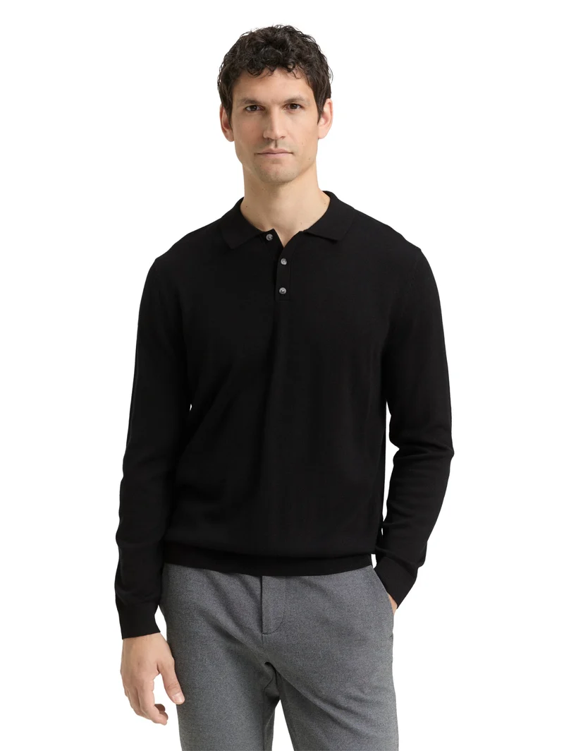 merino wool knit polo, Black